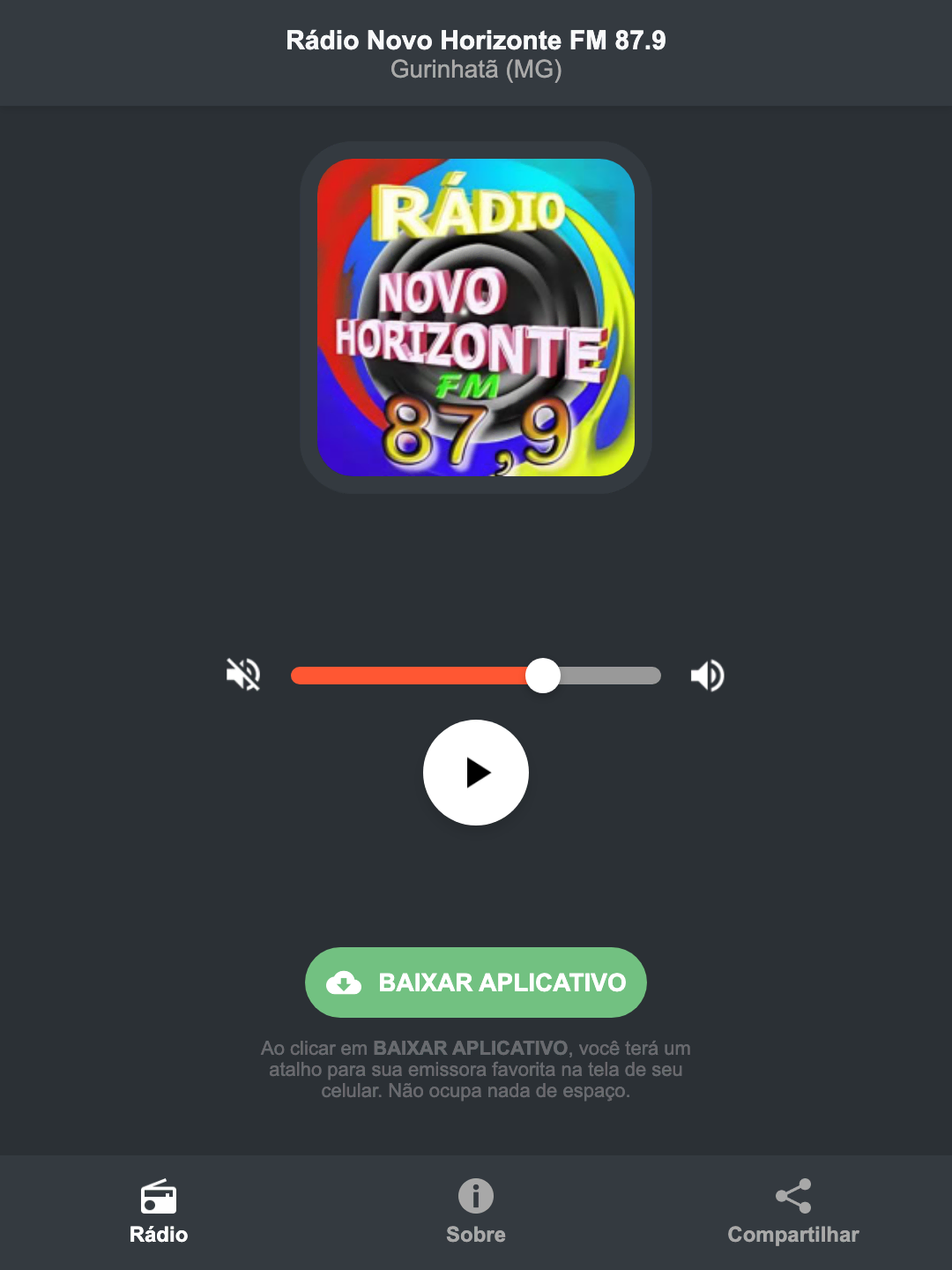 Screenshot do aplicativo da Rádio Novo Horizonte FM 87.9