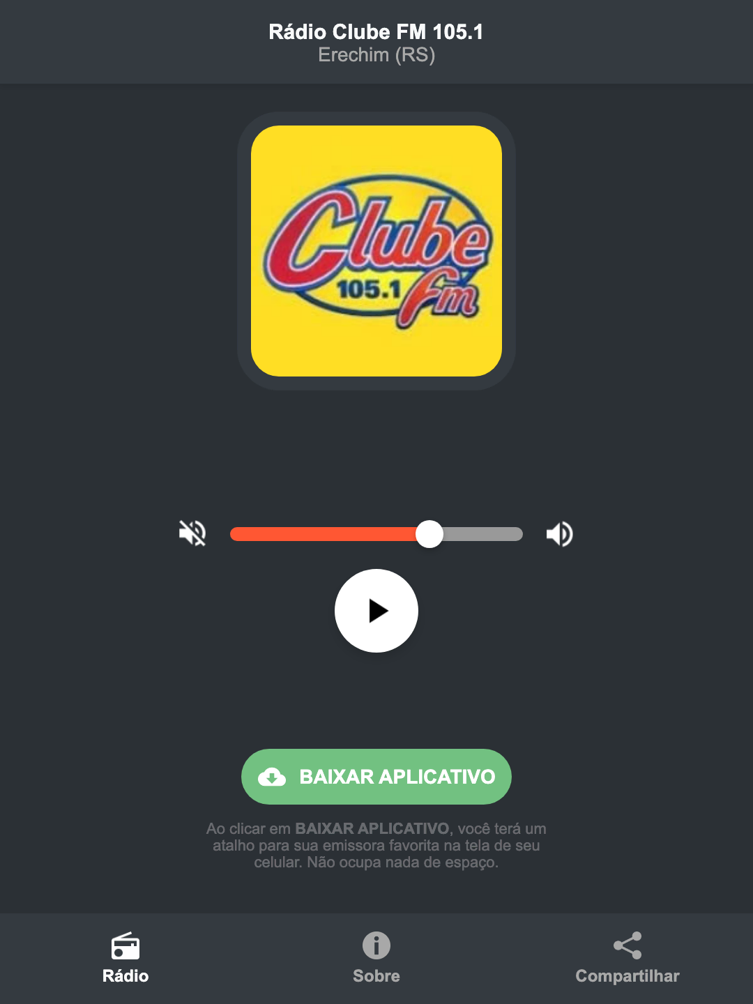 Screenshot do aplicativo da Rádio Clube FM 105.1