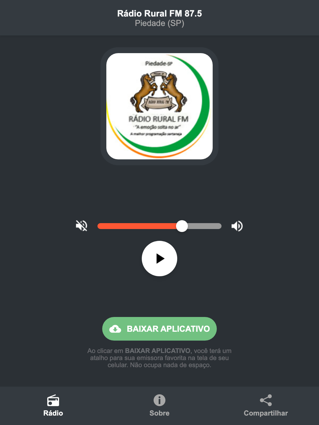 Screenshot do aplicativo da Rádio Rural FM 87.5