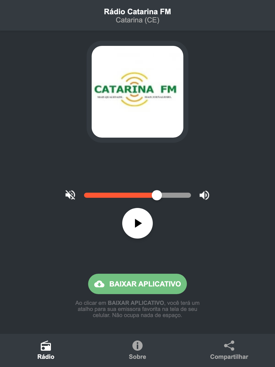 Screenshot do aplicativo da Rádio Catarina FM