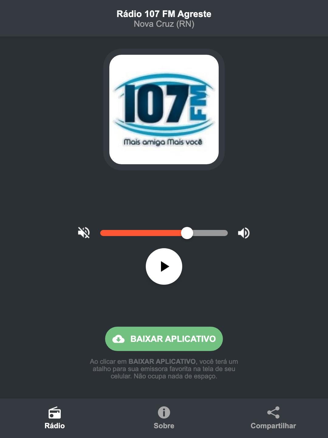 Screenshot do aplicativo da Rádio 107 FM Agreste