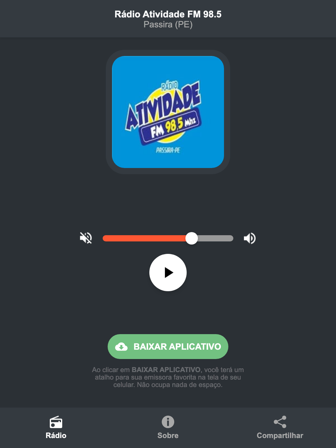 Screenshot do aplicativo da Rádio Atividade FM 98.5