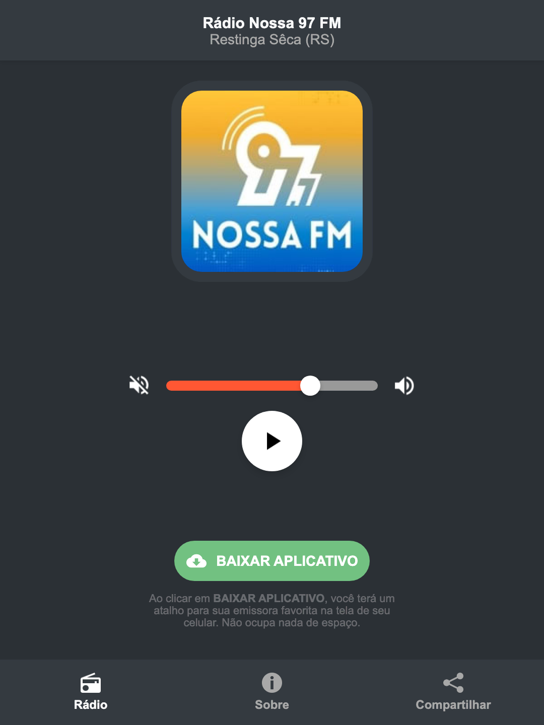 Screenshot do aplicativo da Rádio Nossa 97 FM