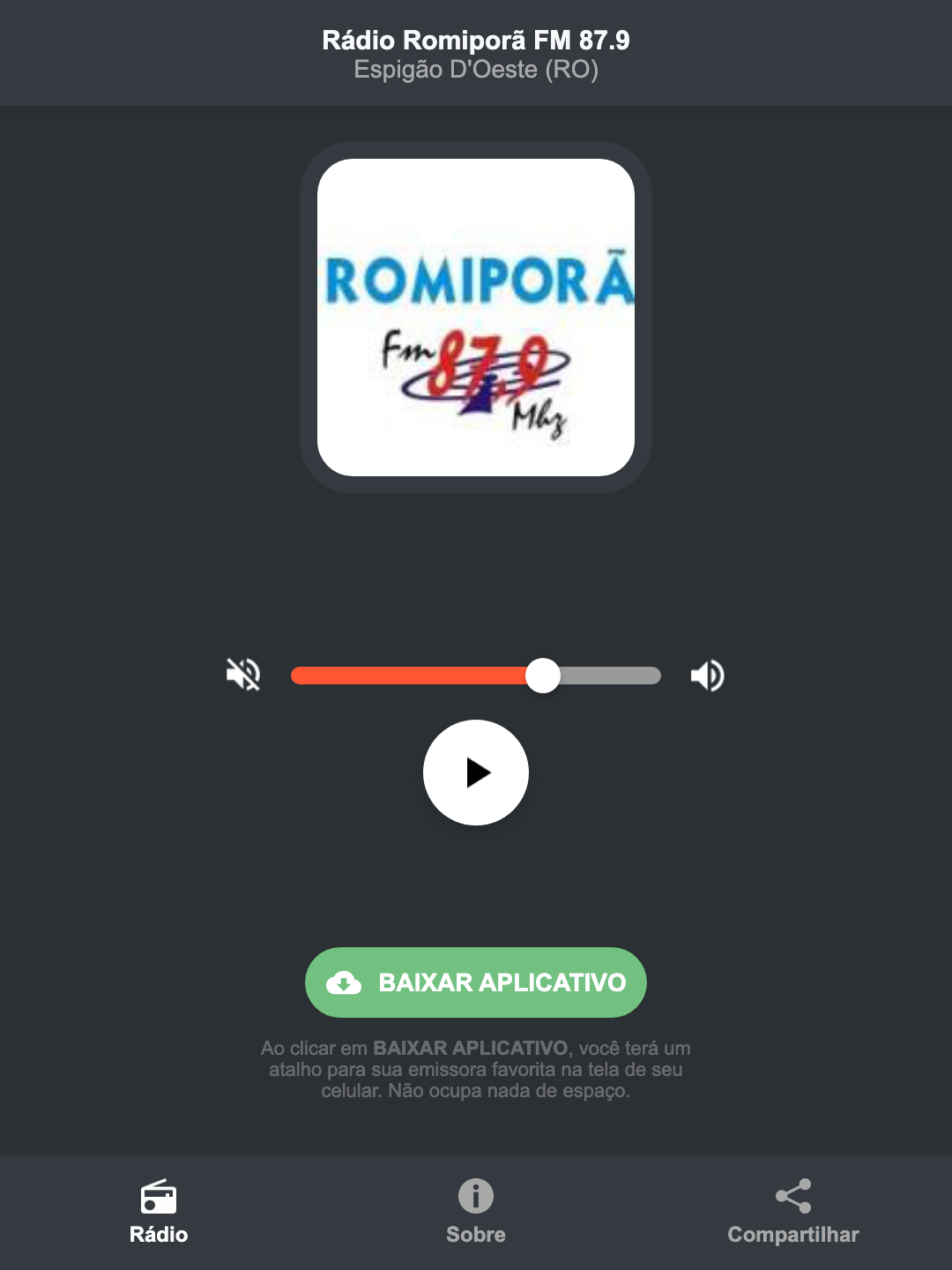 Screenshot do aplicativo da Rádio Romiporã FM 87.9
