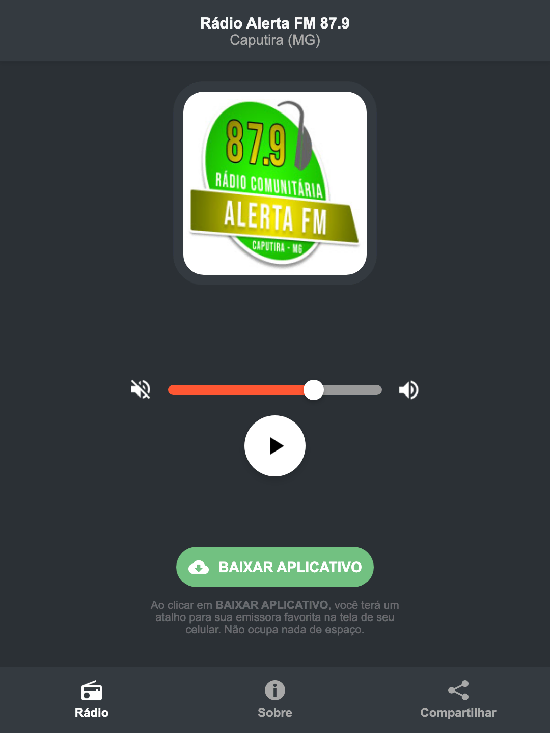 Screenshot do aplicativo da Rádio Alerta FM 87.9