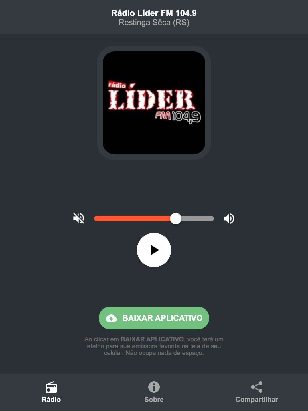 Screenshot do aplicativo da Rádio Líder FM 104.9