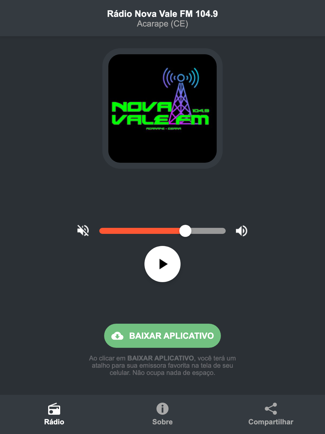 Screenshot do aplicativo da Rádio Nova Vale FM 104.9