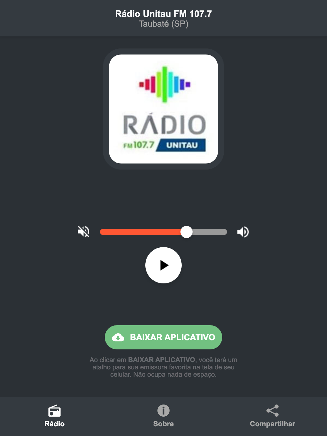 Screenshot do aplicativo da Rádio Unitau FM 107.7