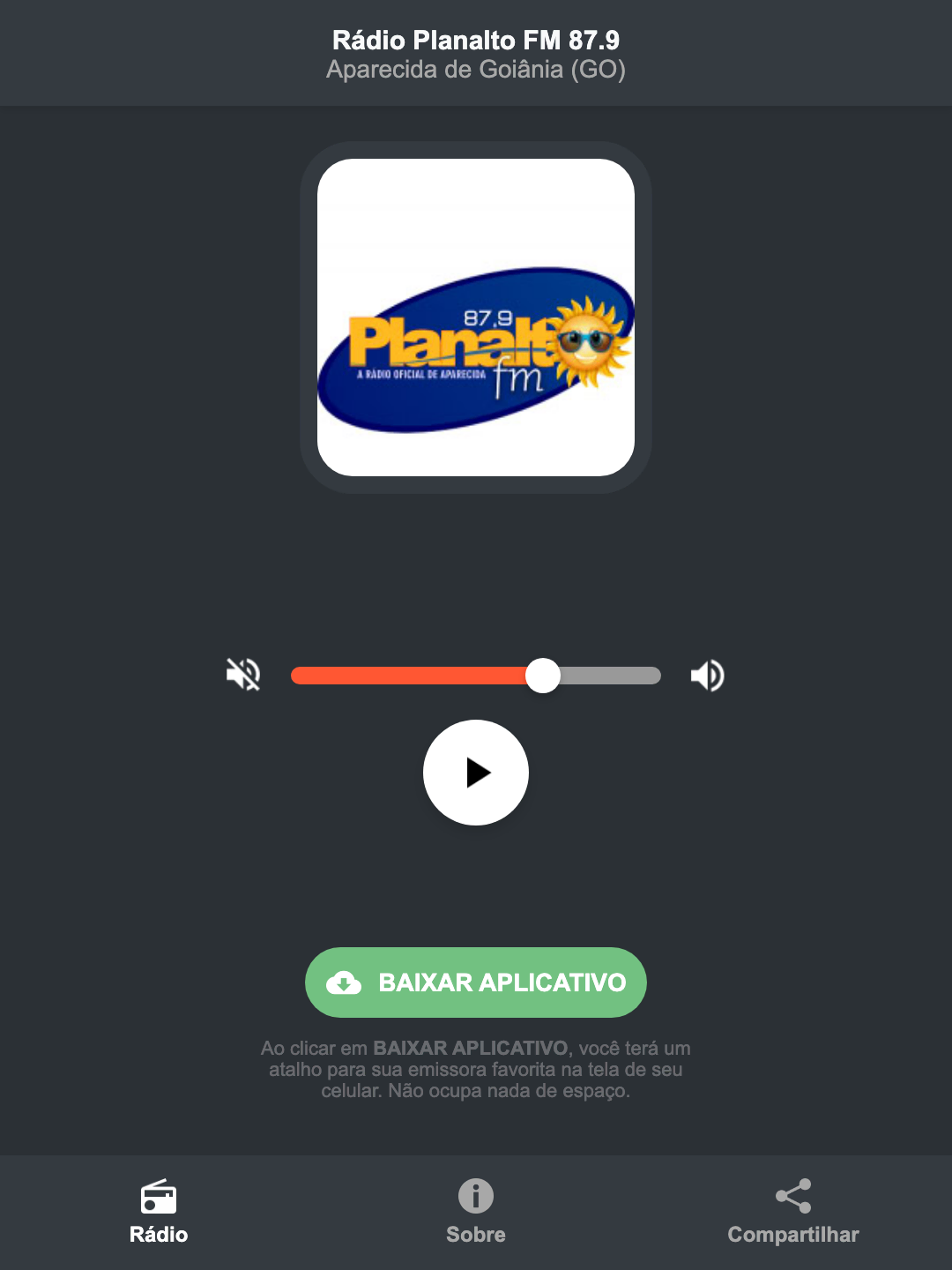 Screenshot do aplicativo da Rádio Planalto FM 87.9