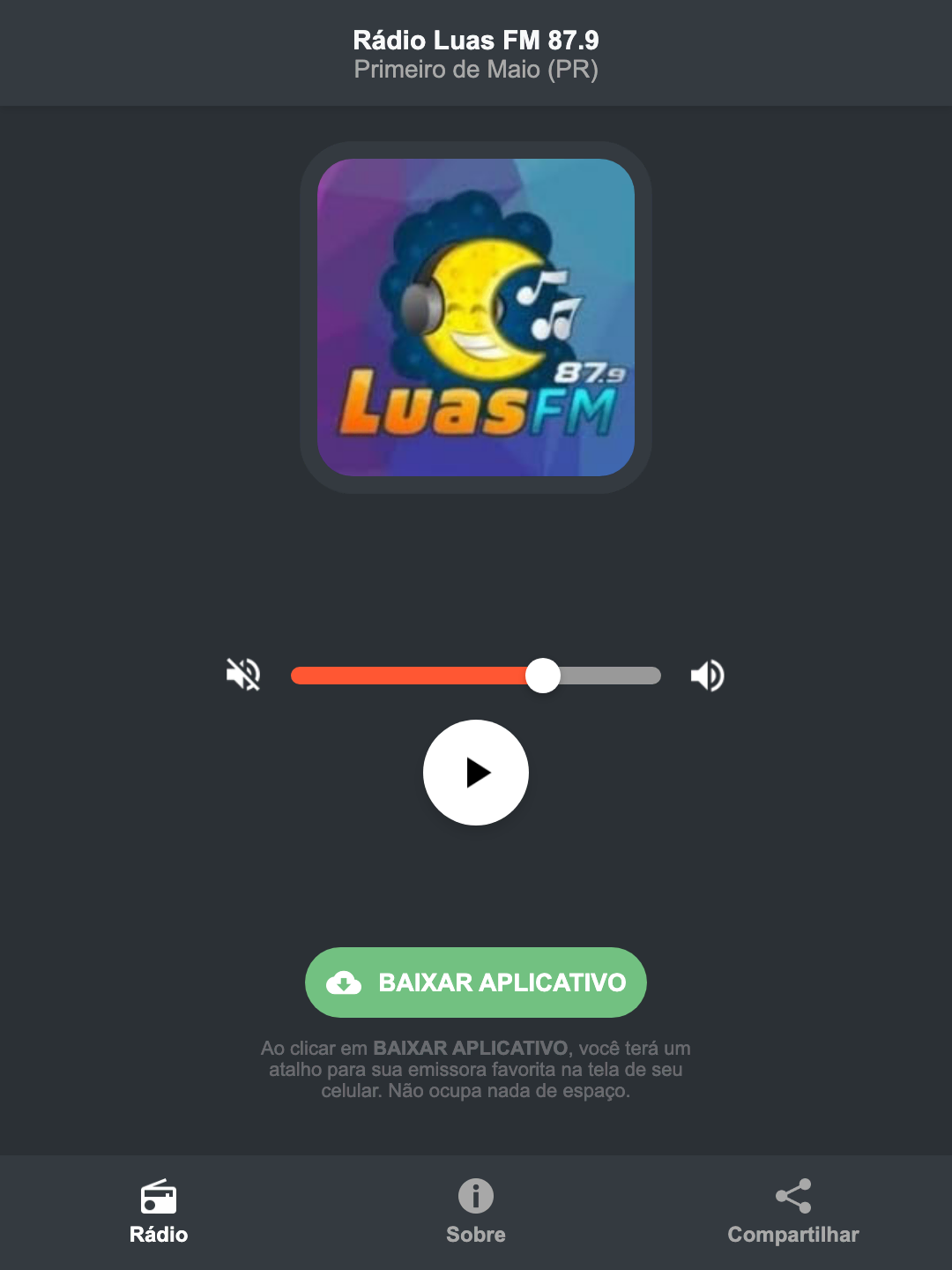 Screenshot do aplicativo da Rádio Luas FM 87.9
