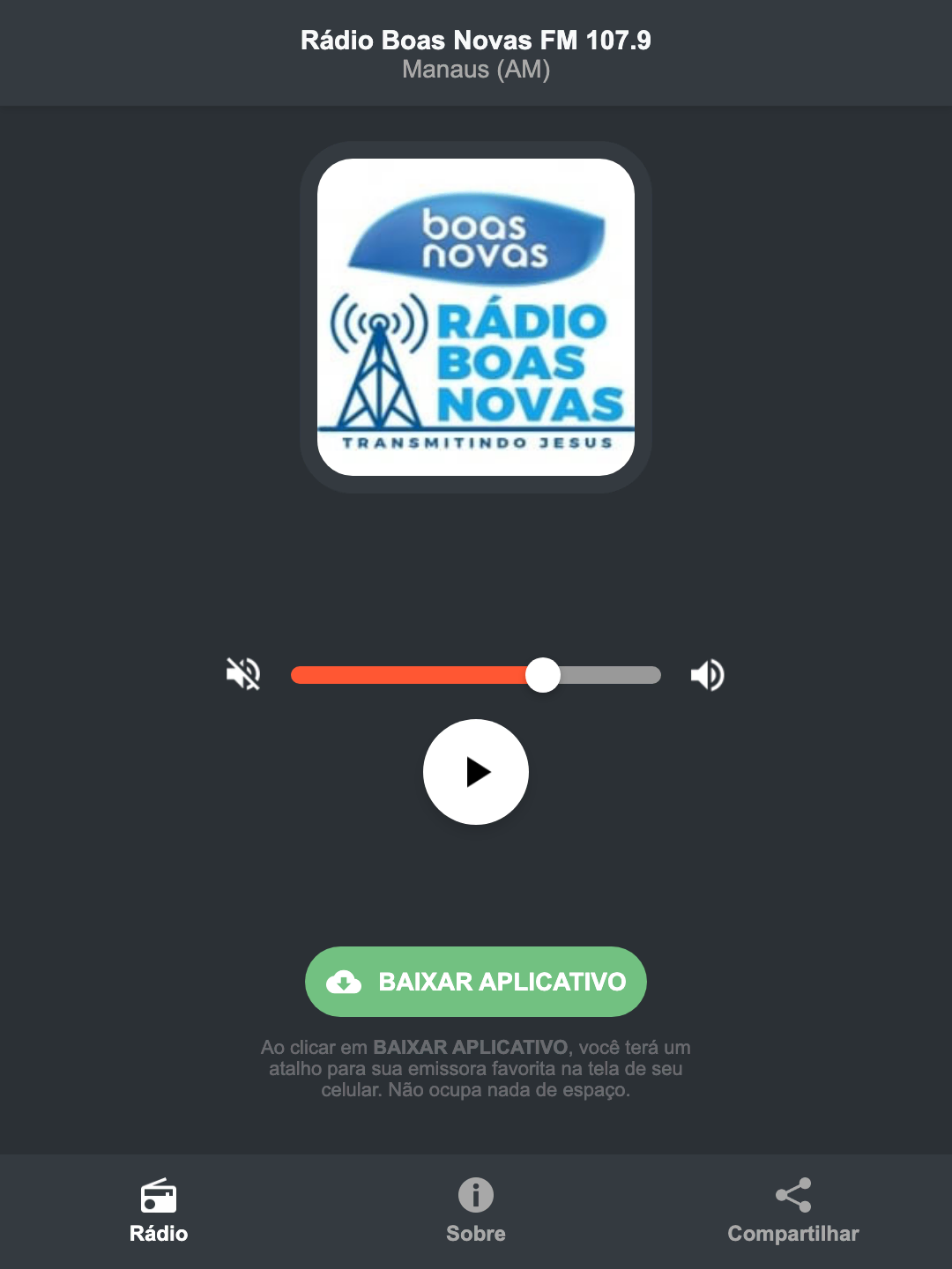 Screenshot do aplicativo da Rádio Boas Novas FM 107.9