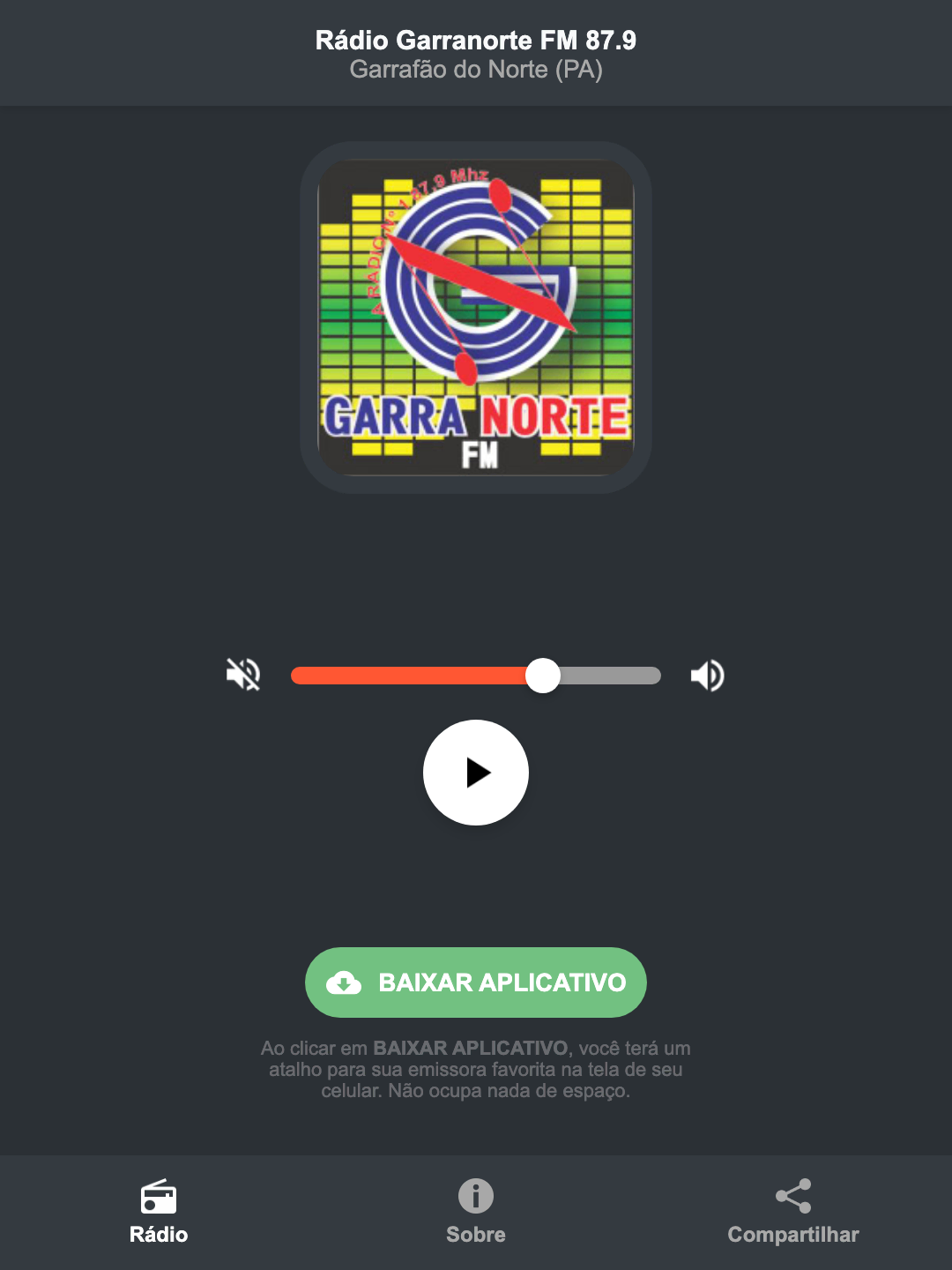 Screenshot do aplicativo da Rádio Garranorte FM 87.9