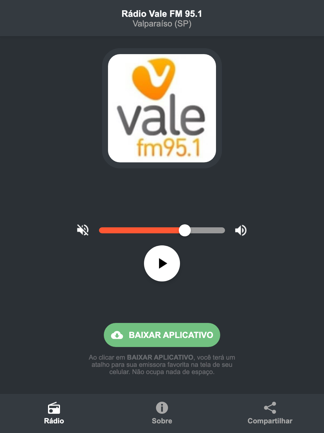 Screenshot do aplicativo da Rádio Vale FM 95.1