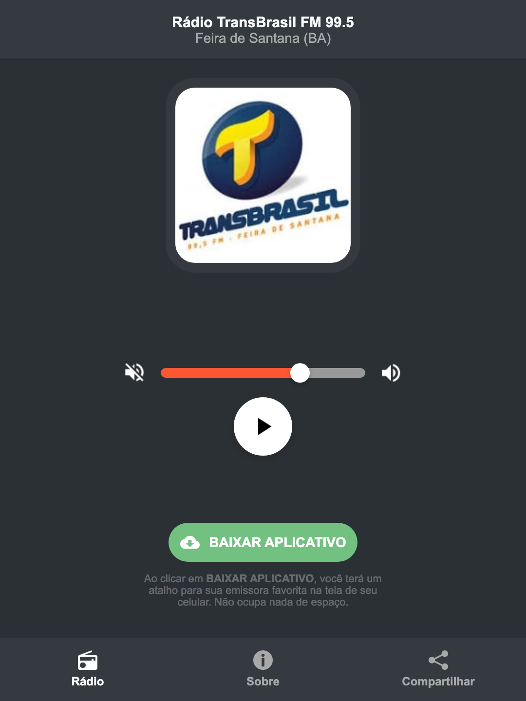 Screenshot do aplicativo da Rádio TransBrasil FM 99.5