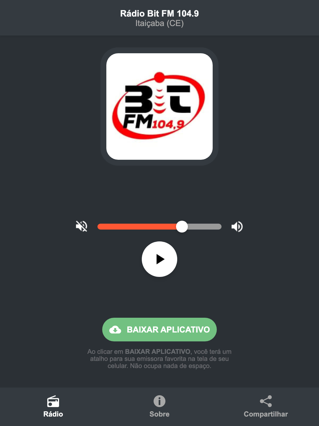 Screenshot do aplicativo da Rádio Bit FM 104.9