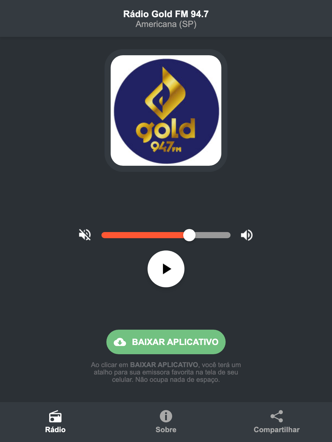 Screenshot do aplicativo da Rádio Gold FM 94.7