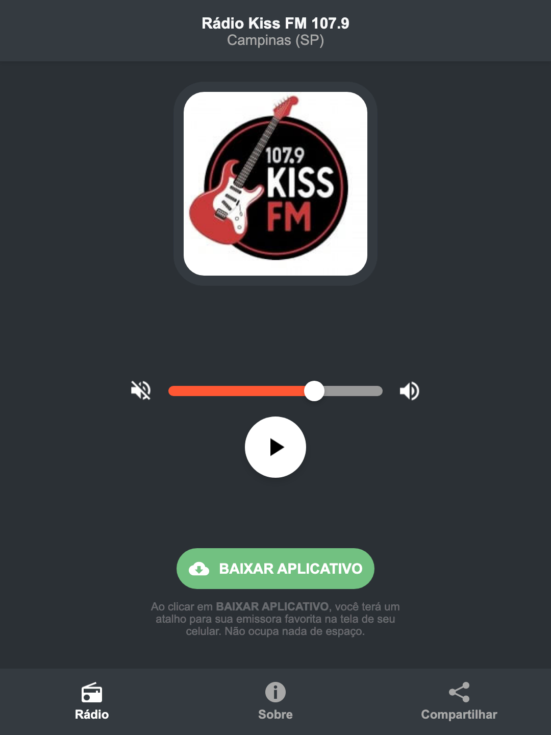 Screenshot do aplicativo da Rádio Kiss FM 107.9