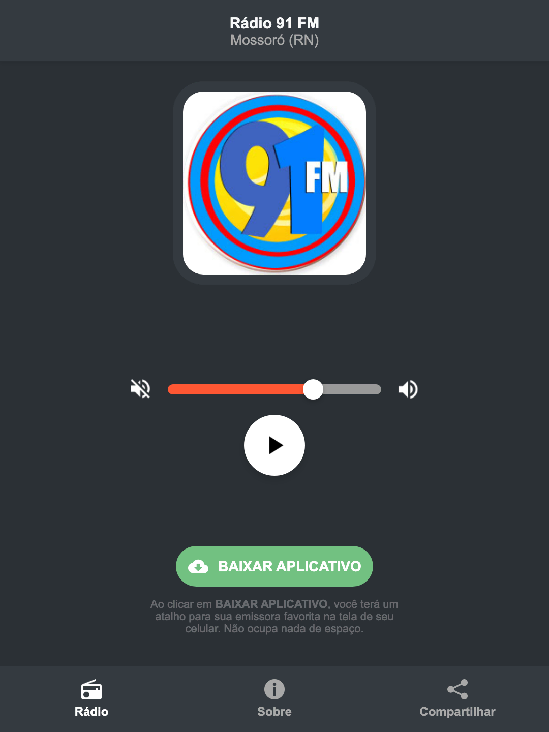 Screenshot do aplicativo da Rádio 91 FM