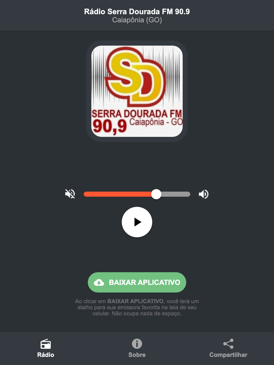 Screenshot do aplicativo da Rádio Serra Dourada FM 90.9