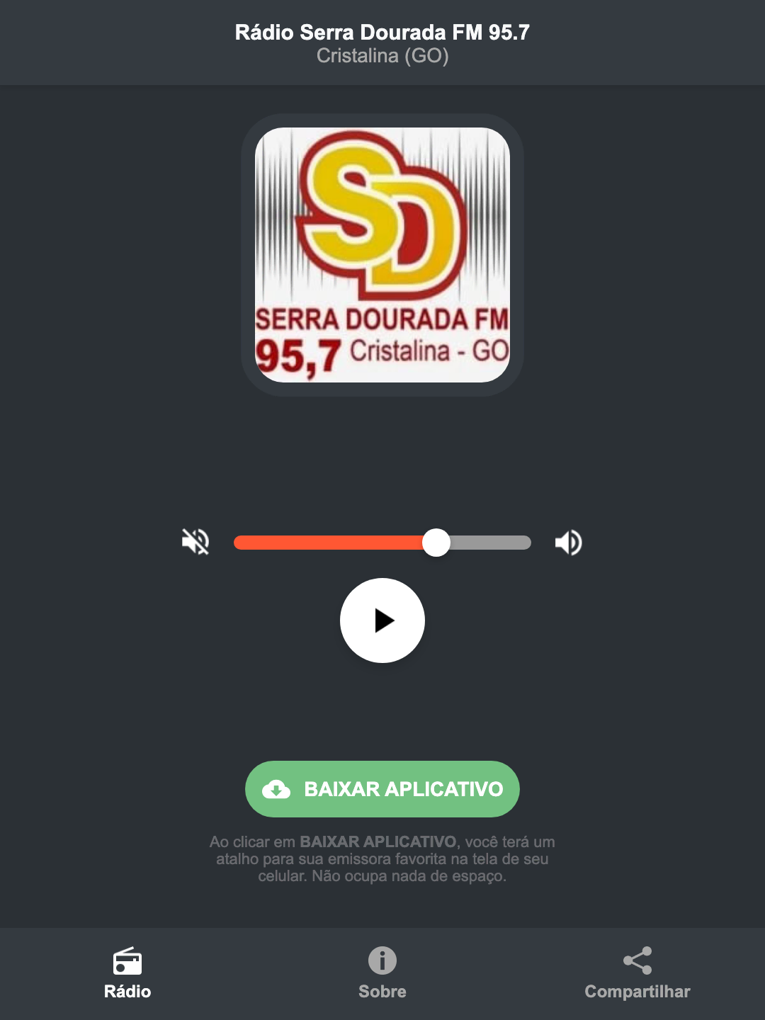 Screenshot do aplicativo da Rádio Serra Dourada FM 95.7