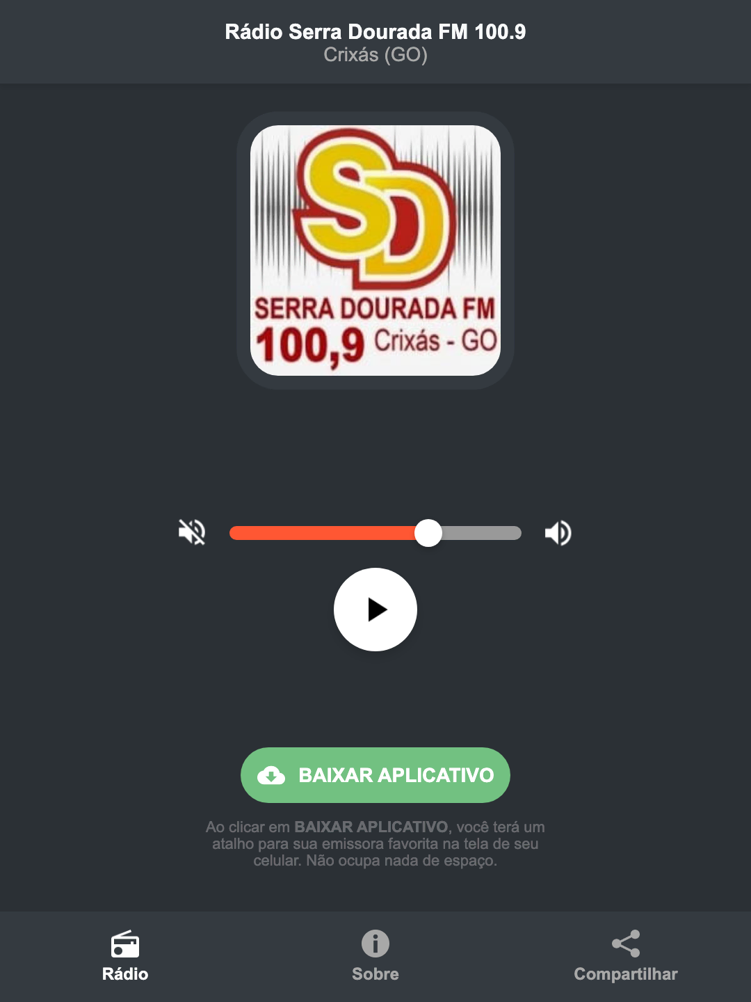 Screenshot do aplicativo da Rádio Serra Dourada FM 100.9