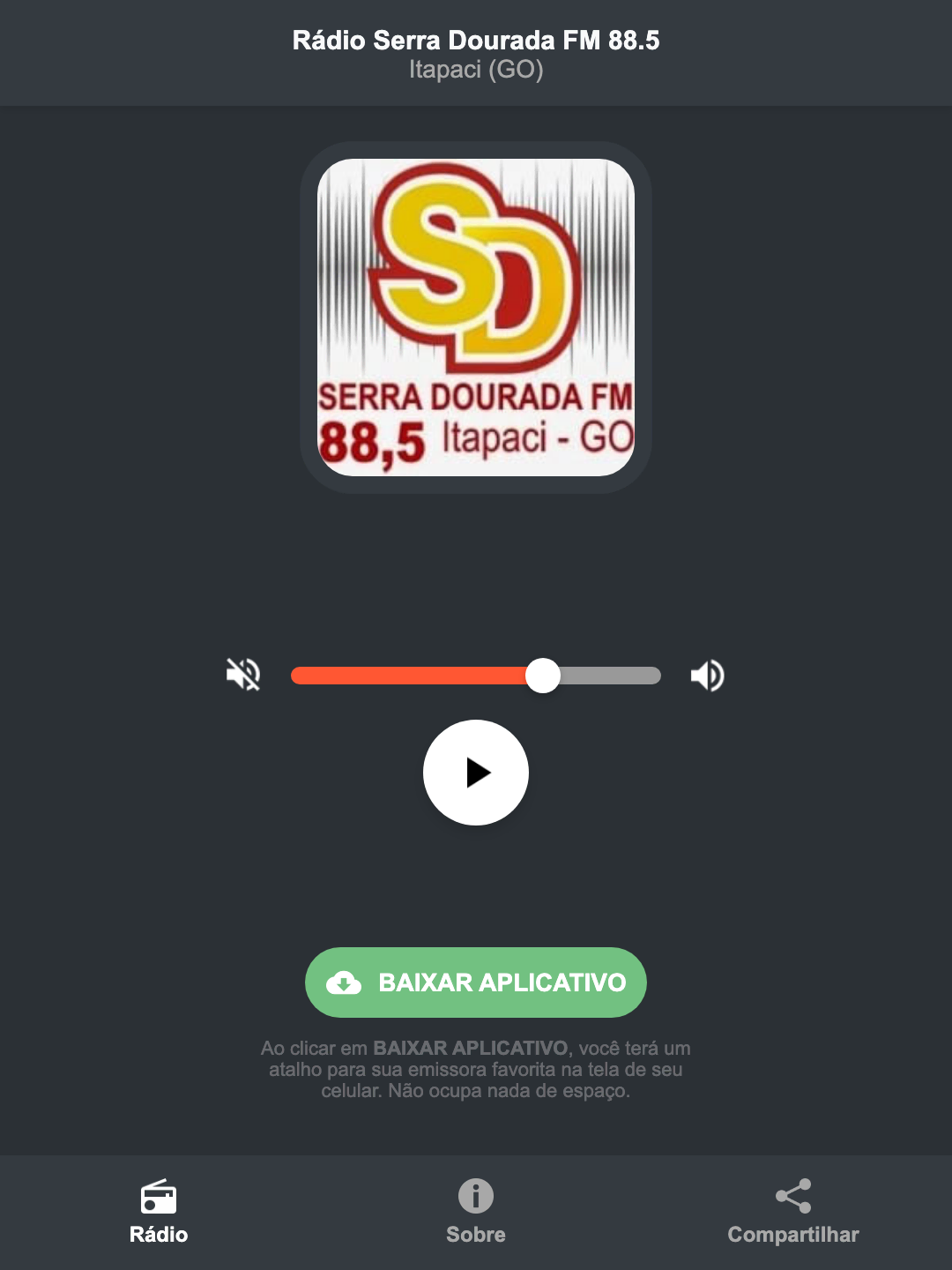 Screenshot do aplicativo da Rádio Serra Dourada FM 88.5