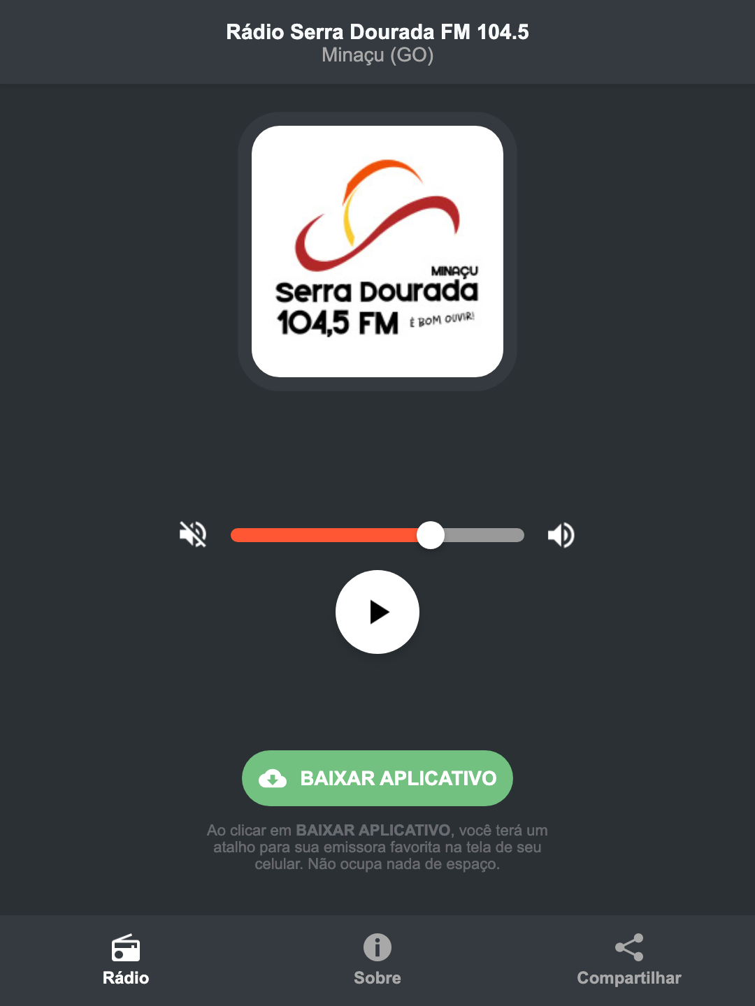 Screenshot do aplicativo da Rádio Serra Dourada FM 104.5