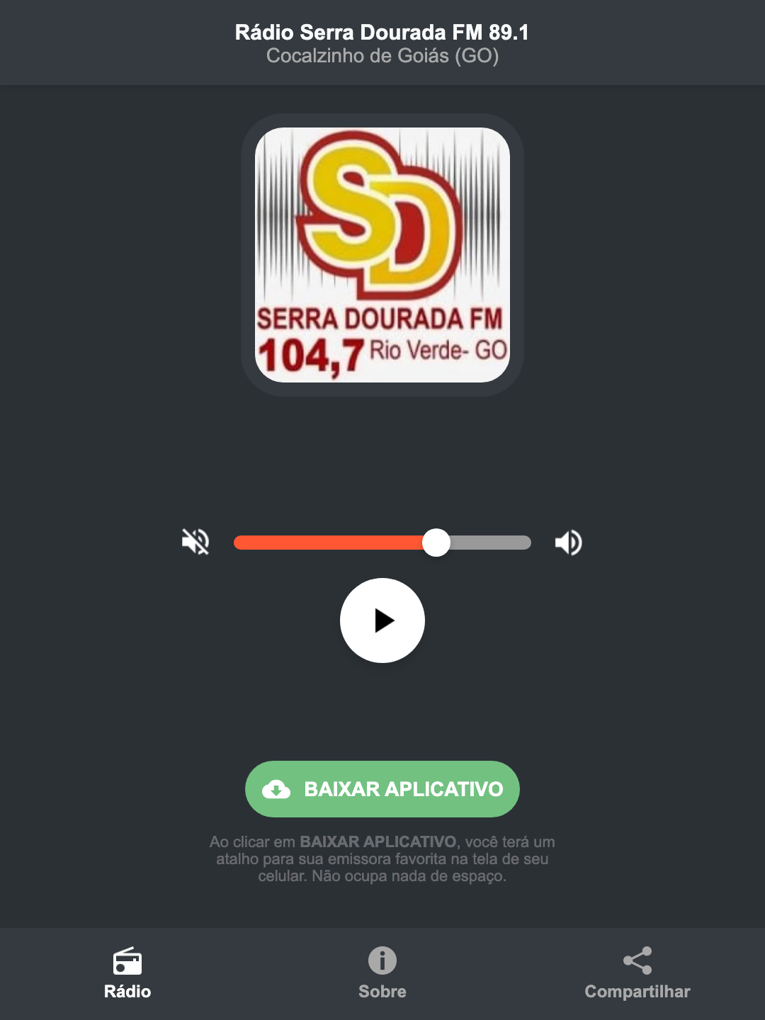 Screenshot do aplicativo da Rádio Serra Dourada FM 89.1