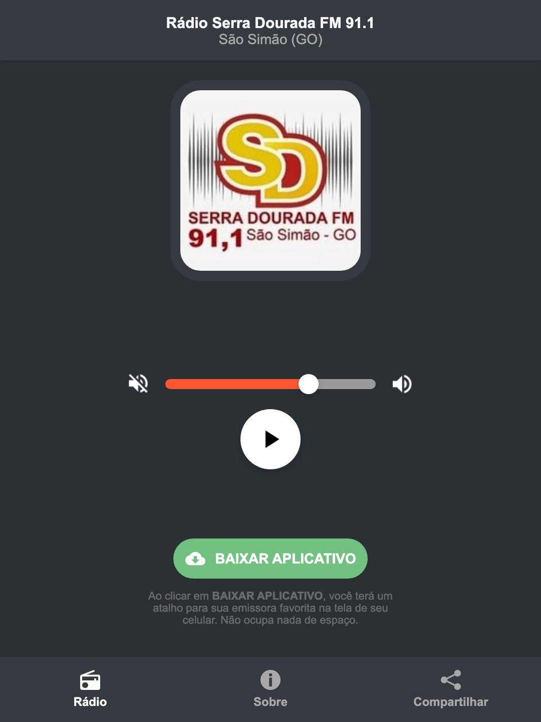Screenshot do aplicativo da Rádio Serra Dourada FM 91.1