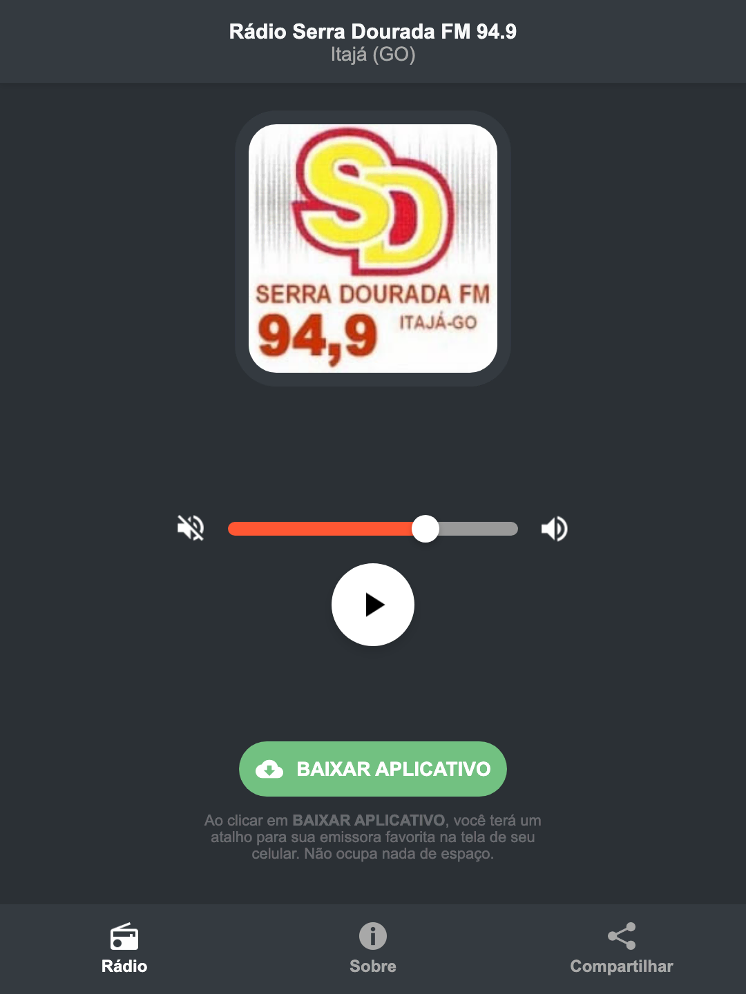 Screenshot do aplicativo da Rádio Serra Dourada FM 94.9