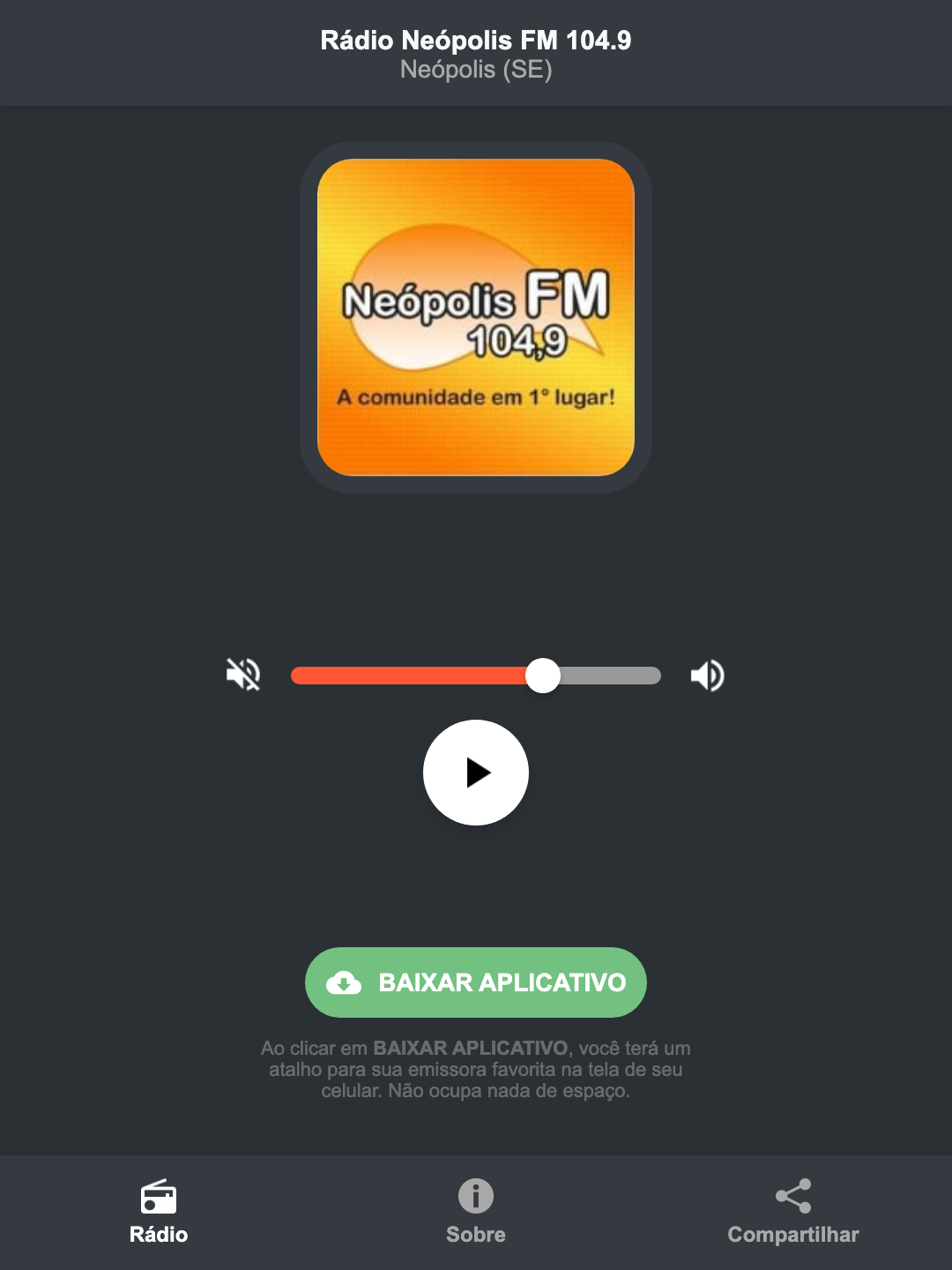Screenshot do aplicativo da Rádio Neópolis FM 104.9