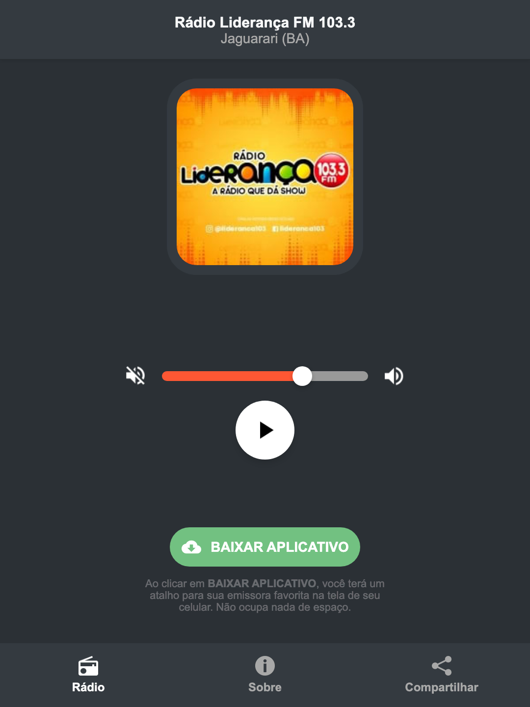 Screenshot do aplicativo da Rádio Liderança FM 103.3