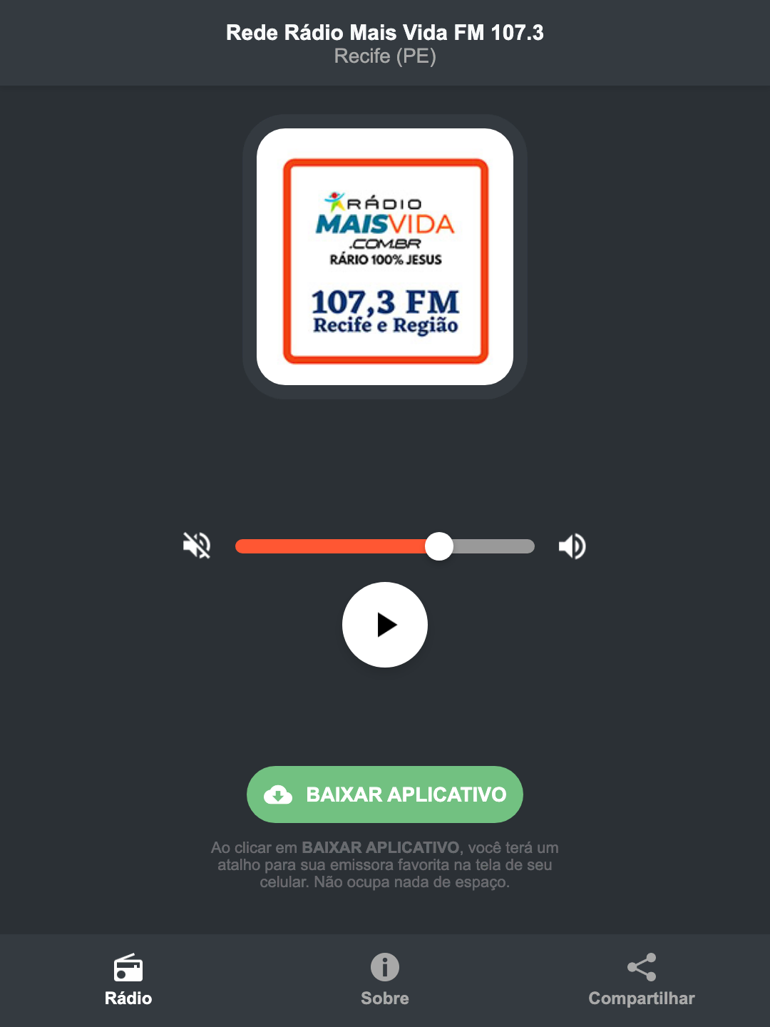 Screenshot do aplicativo da Rede Rádio Mais Vida FM 107.3
