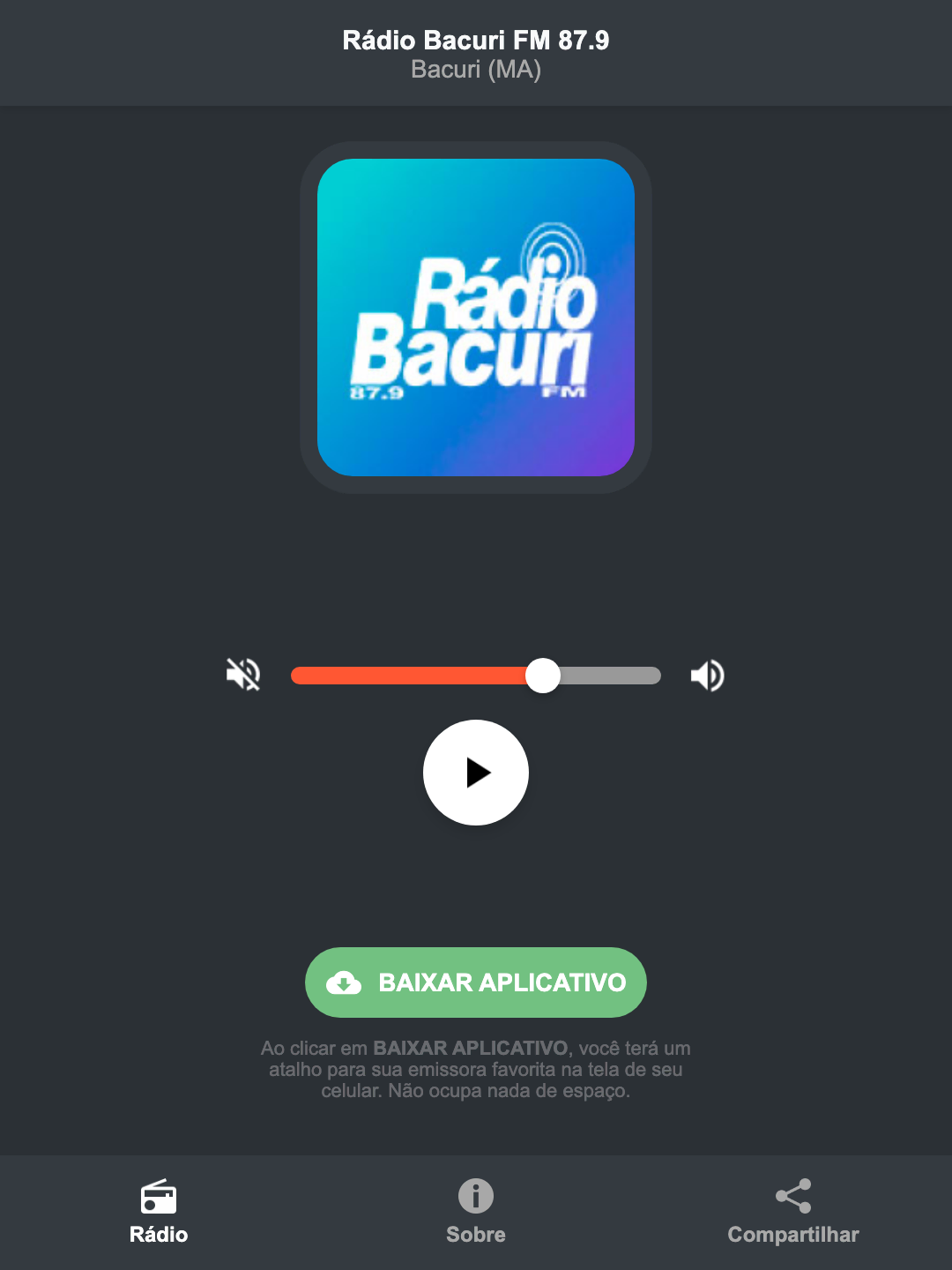 Screenshot do aplicativo da Rádio Bacuri FM 87.9
