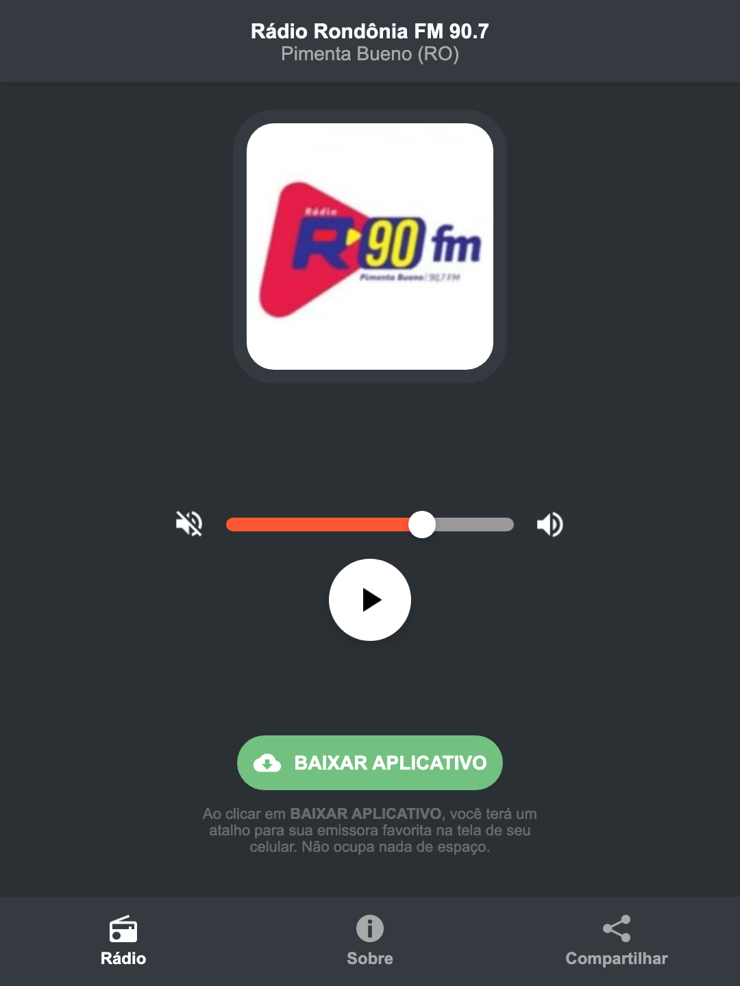 Screenshot do aplicativo da Rádio Rondônia FM 90.7