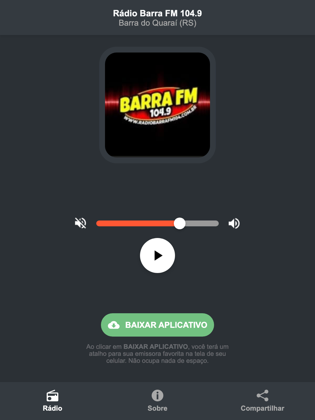 Screenshot do aplicativo da Rádio Barra FM 104.9