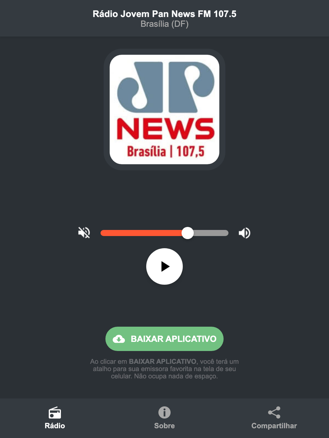 Screenshot do aplicativo da Rádio Jovem Pan News FM 107.5
