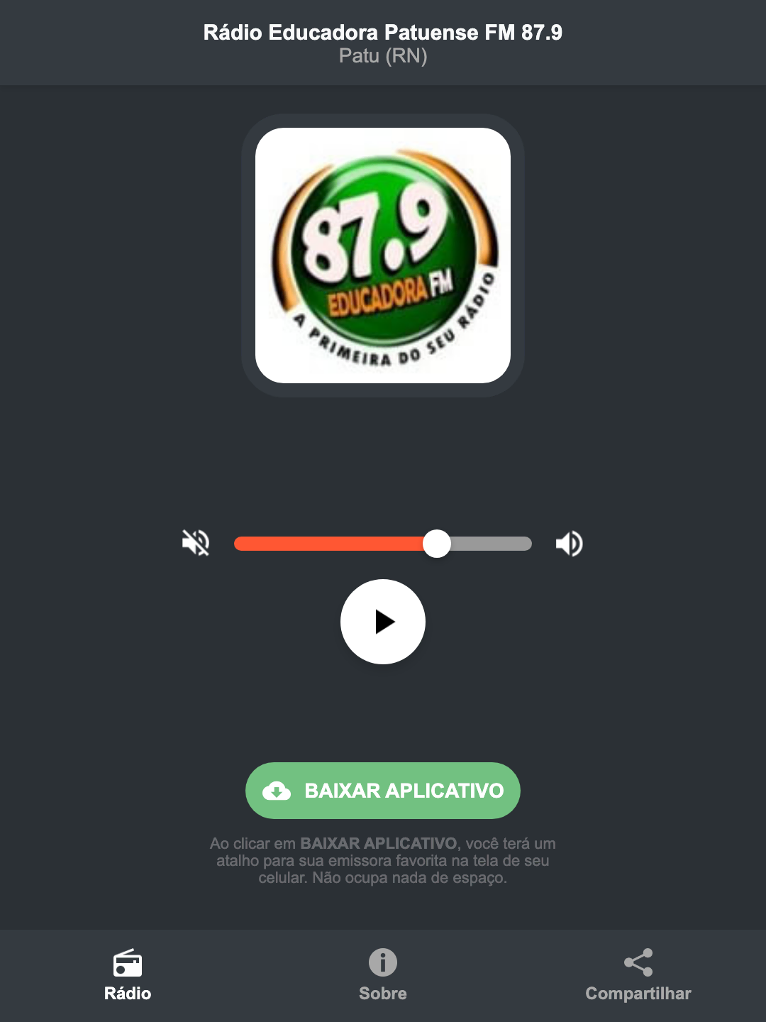 Screenshot do aplicativo da Rádio Educadora Patuense FM 87.9