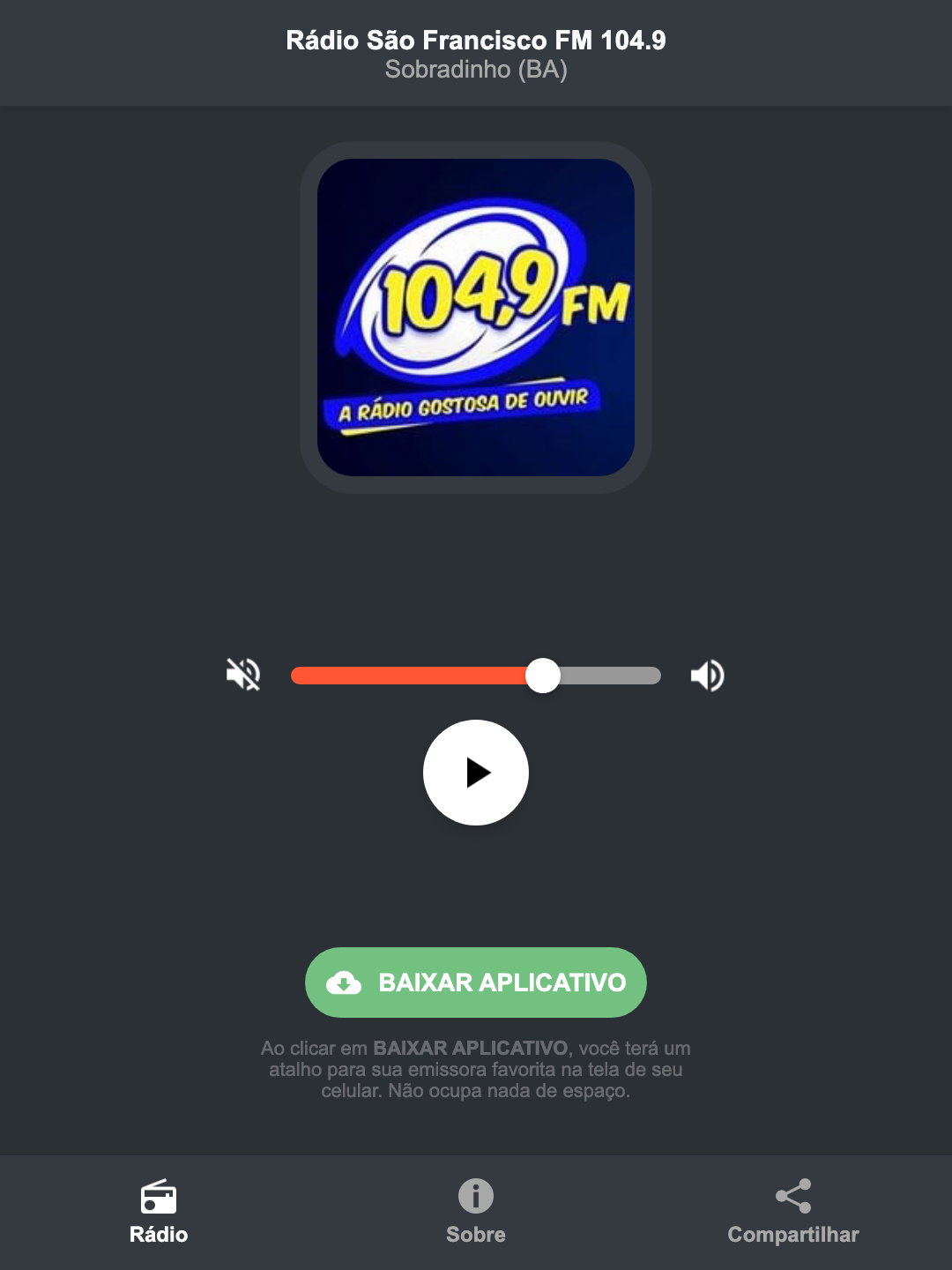 Screenshot do aplicativo da Rádio São Francisco FM 104.9