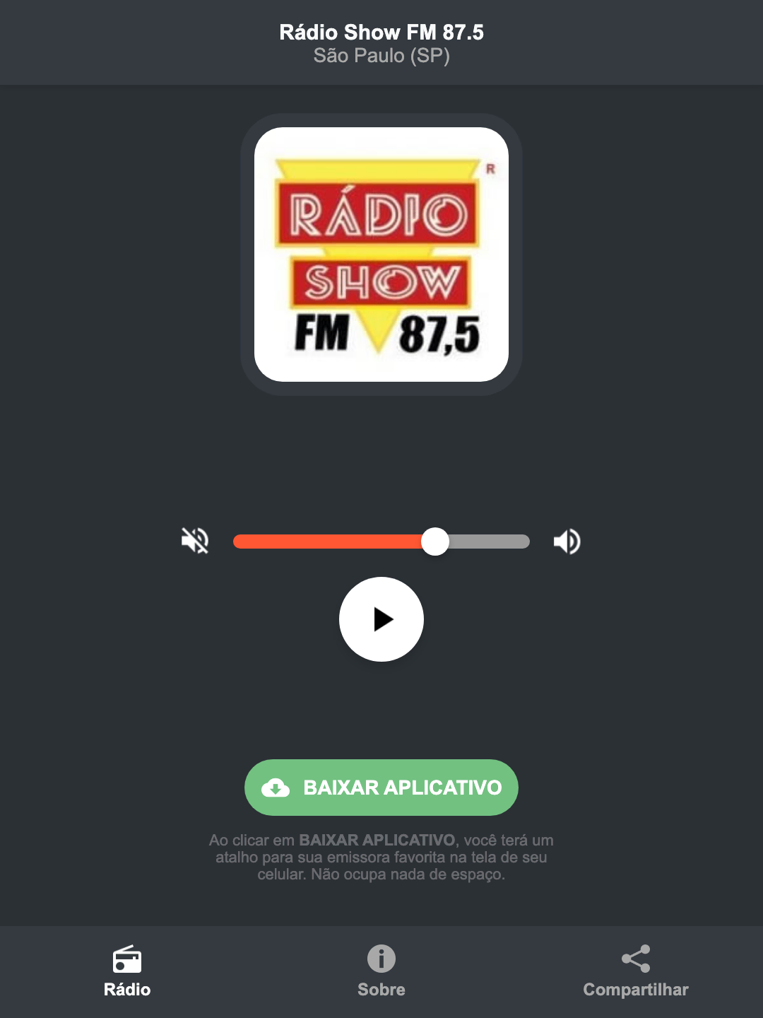 Screenshot do aplicativo da Rádio Show FM 87.5