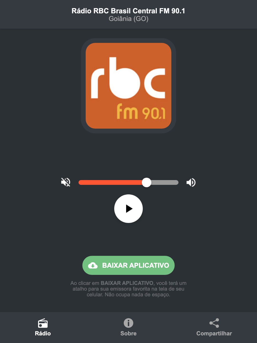 Screenshot do aplicativo da Rádio RBC Brasil Central FM 90.1