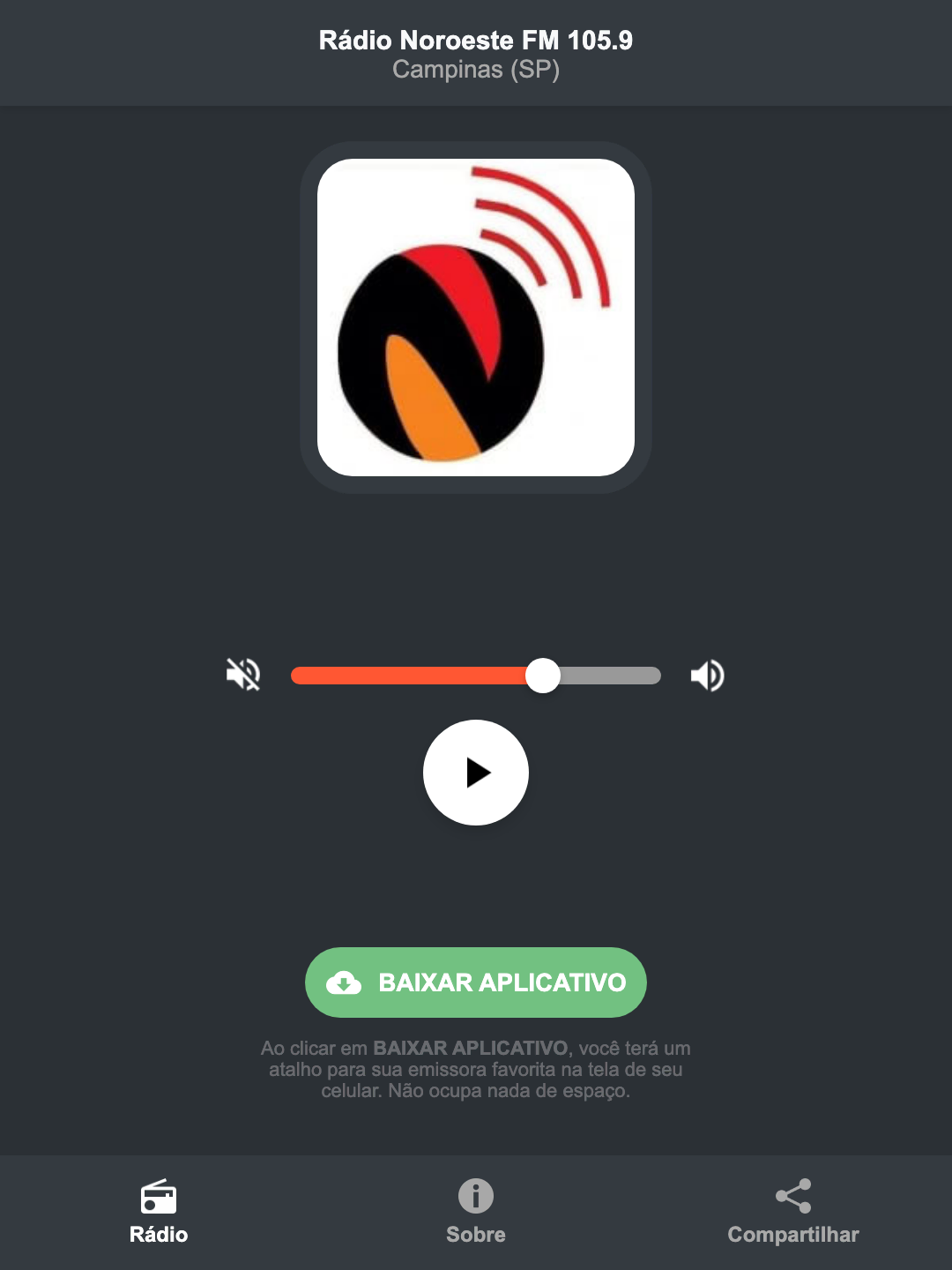 Screenshot do aplicativo da Rádio Noroeste FM 105.9