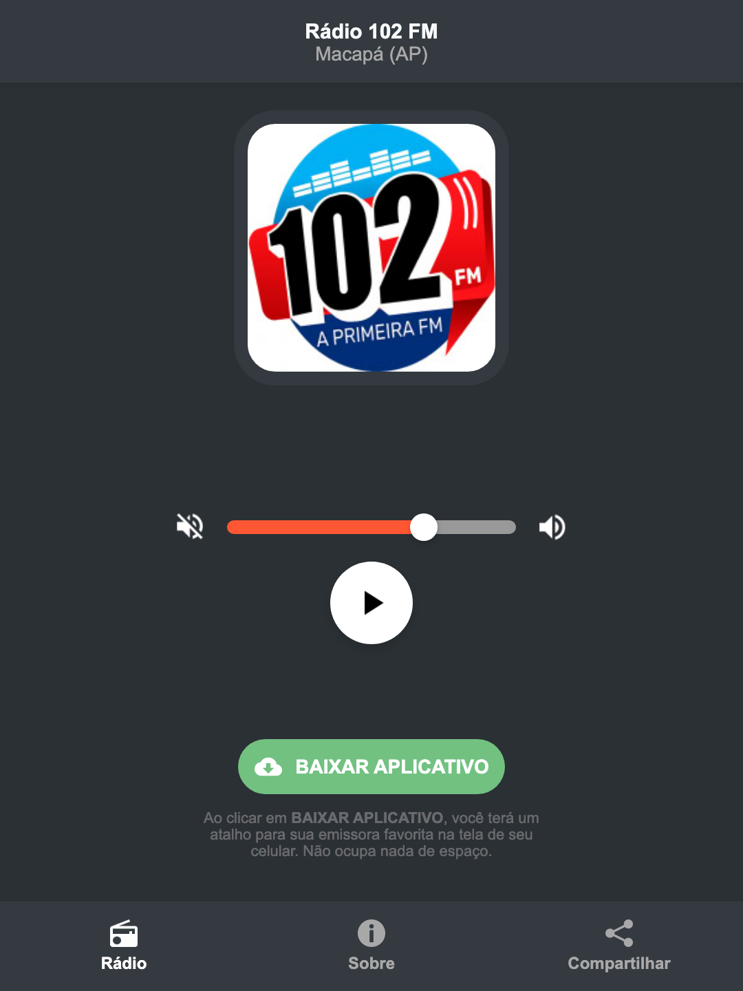 Screenshot do aplicativo da Rádio 102 FM