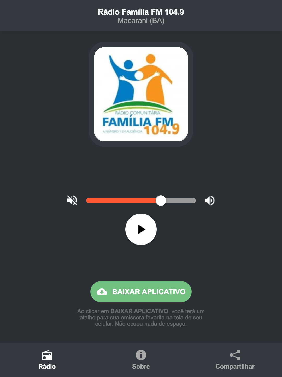 Screenshot do aplicativo da Rádio Família FM 104.9