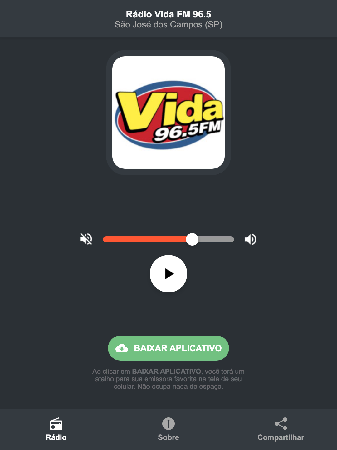 Screenshot do aplicativo da Rádio Vida FM 96.5