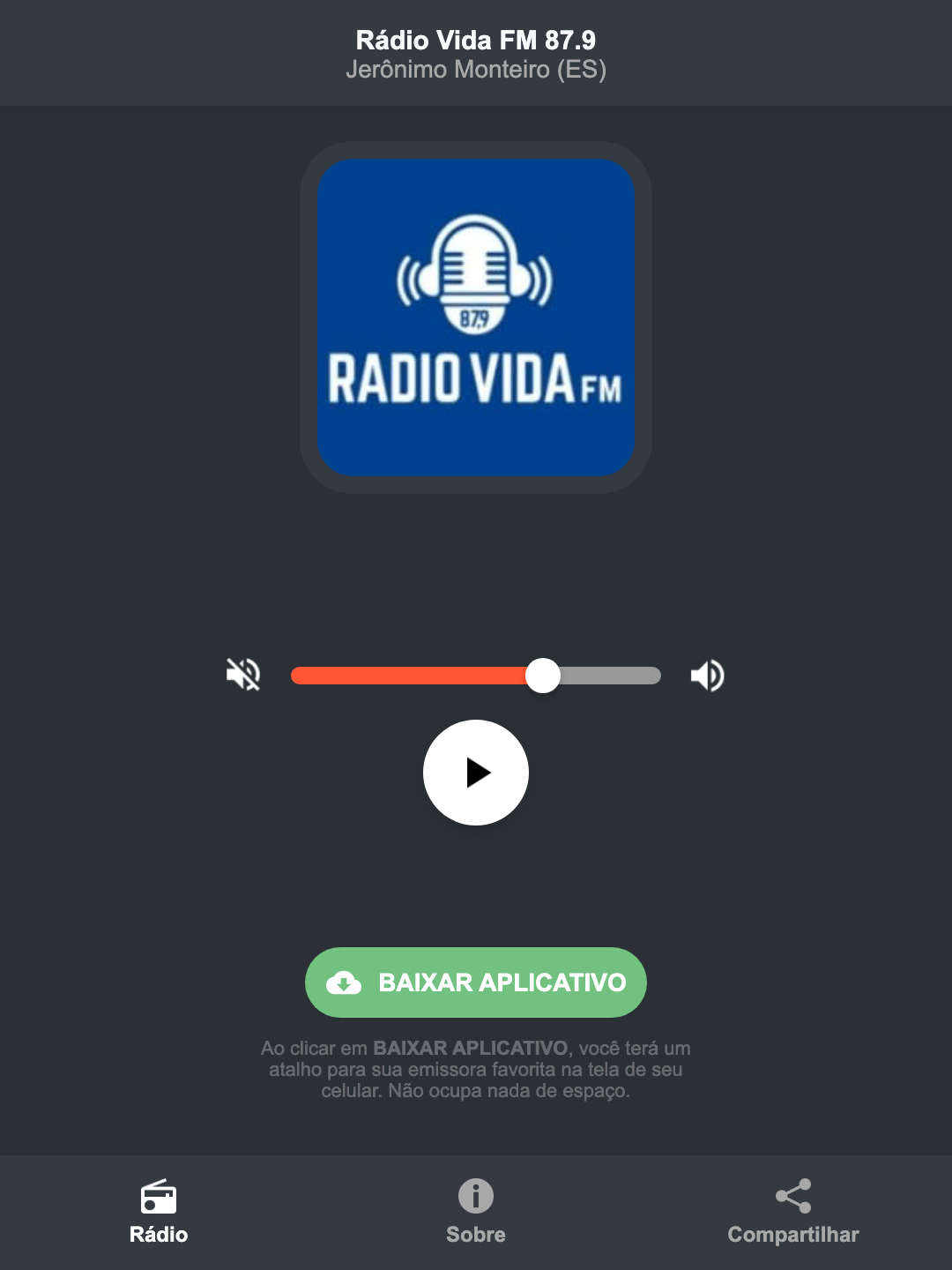 Screenshot do aplicativo da Rádio Vida FM 87.9