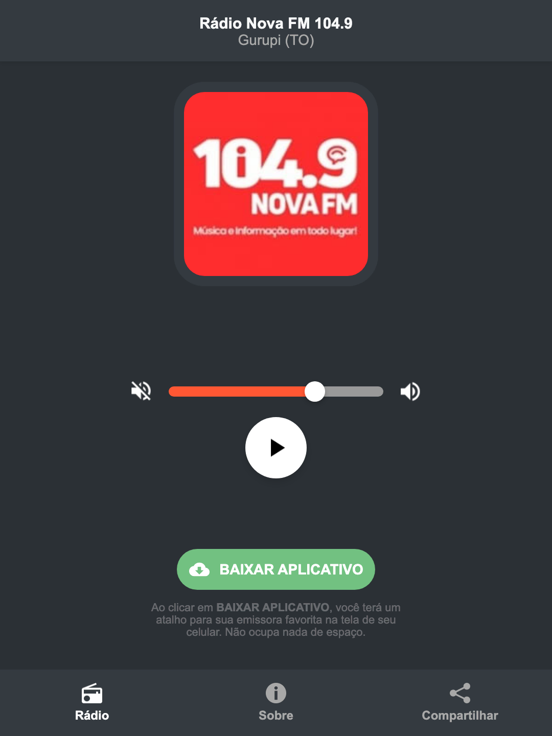 Screenshot do aplicativo da Rádio Nova FM 104.9