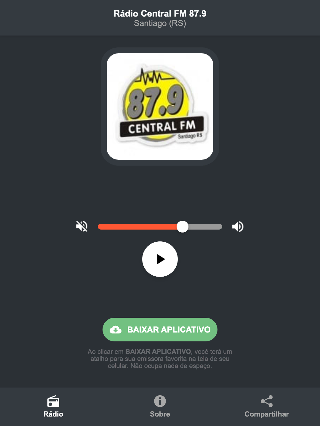 Screenshot do aplicativo da Rádio Central FM 87.9