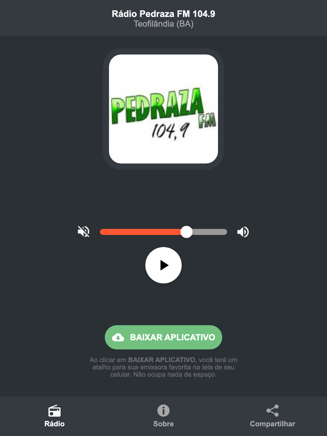 Screenshot do aplicativo da Rádio Pedraza FM 104.9