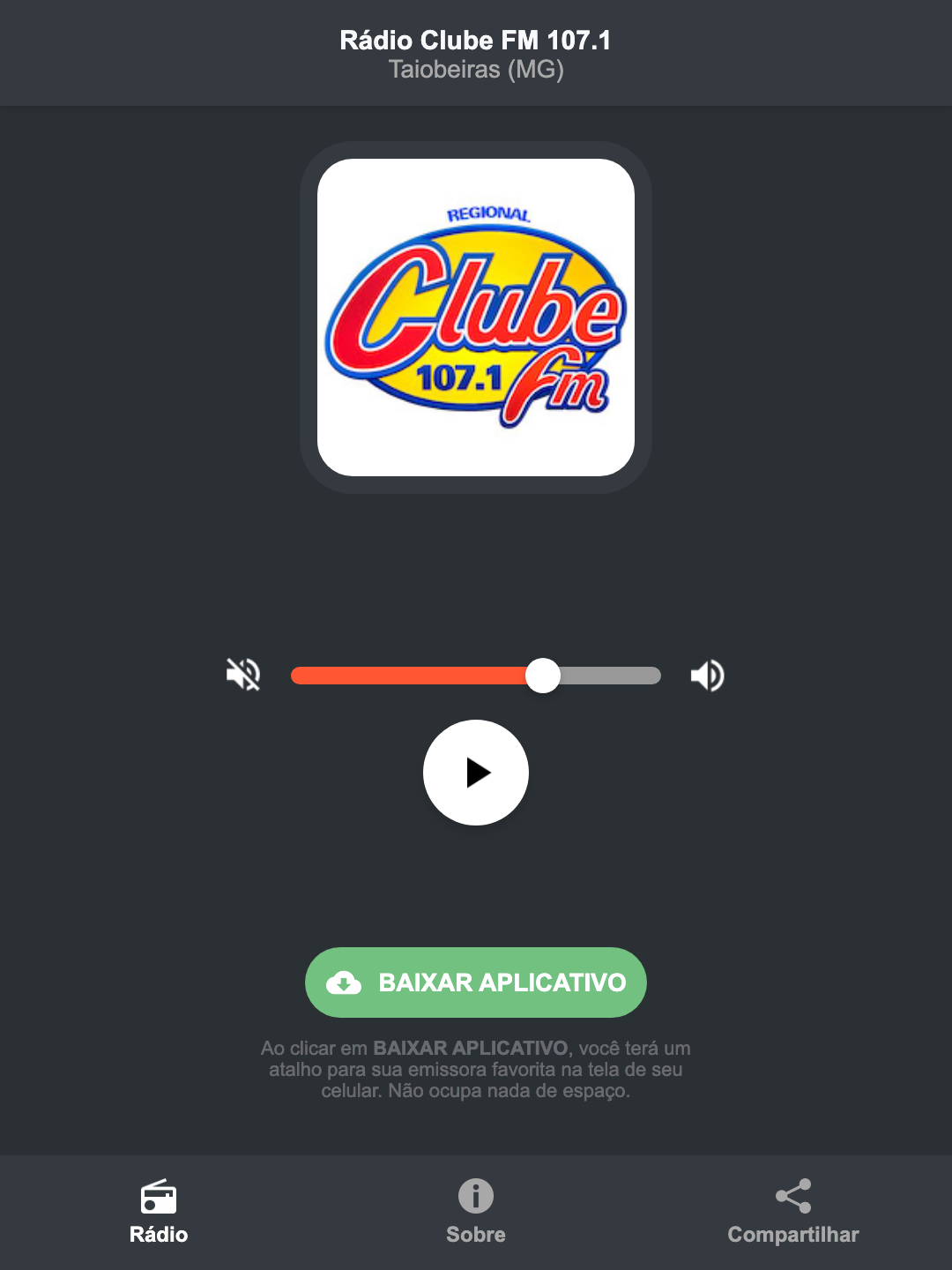 Screenshot do aplicativo da Rádio Clube FM 107.1